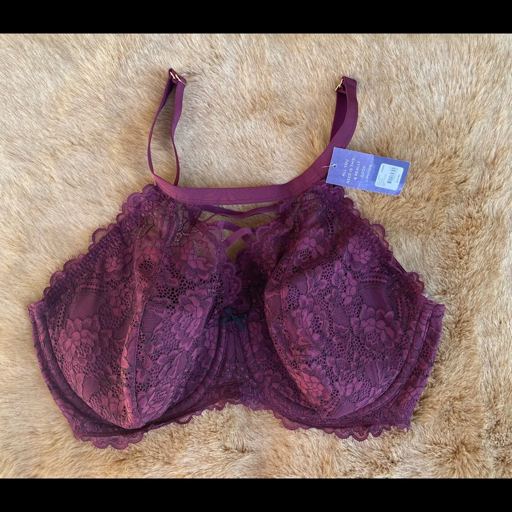 Cacique Aubergine Lace Underwire Bra with Crisscross Detail